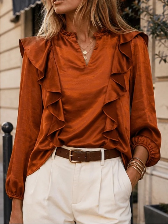 Sugarlips Tops - Rust Ruffle V-Neck Satin Blouse